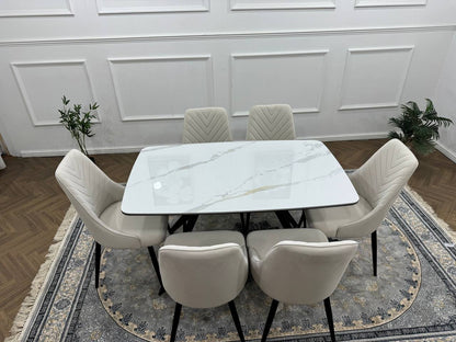 Rovella Luxury Marble-Effect Dining Set – 4 or 6 Grey Chairs