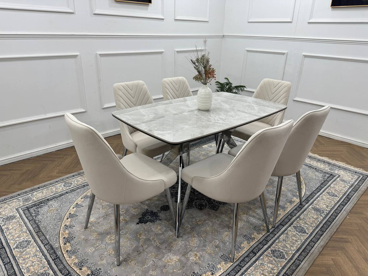 Savello Luxury Grey Marble-Effect Dining Set – 4 or 6 Beige or Grey Chairs