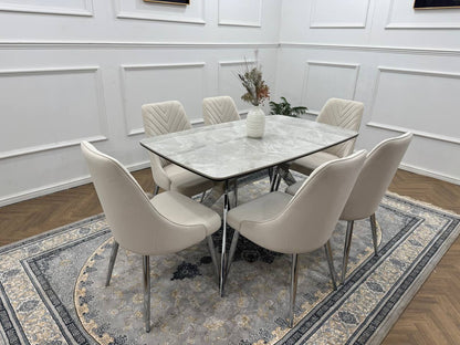 Savello Luxury Grey Marble-Effect Dining Set – 4 or 6 Beige or Grey Chairs