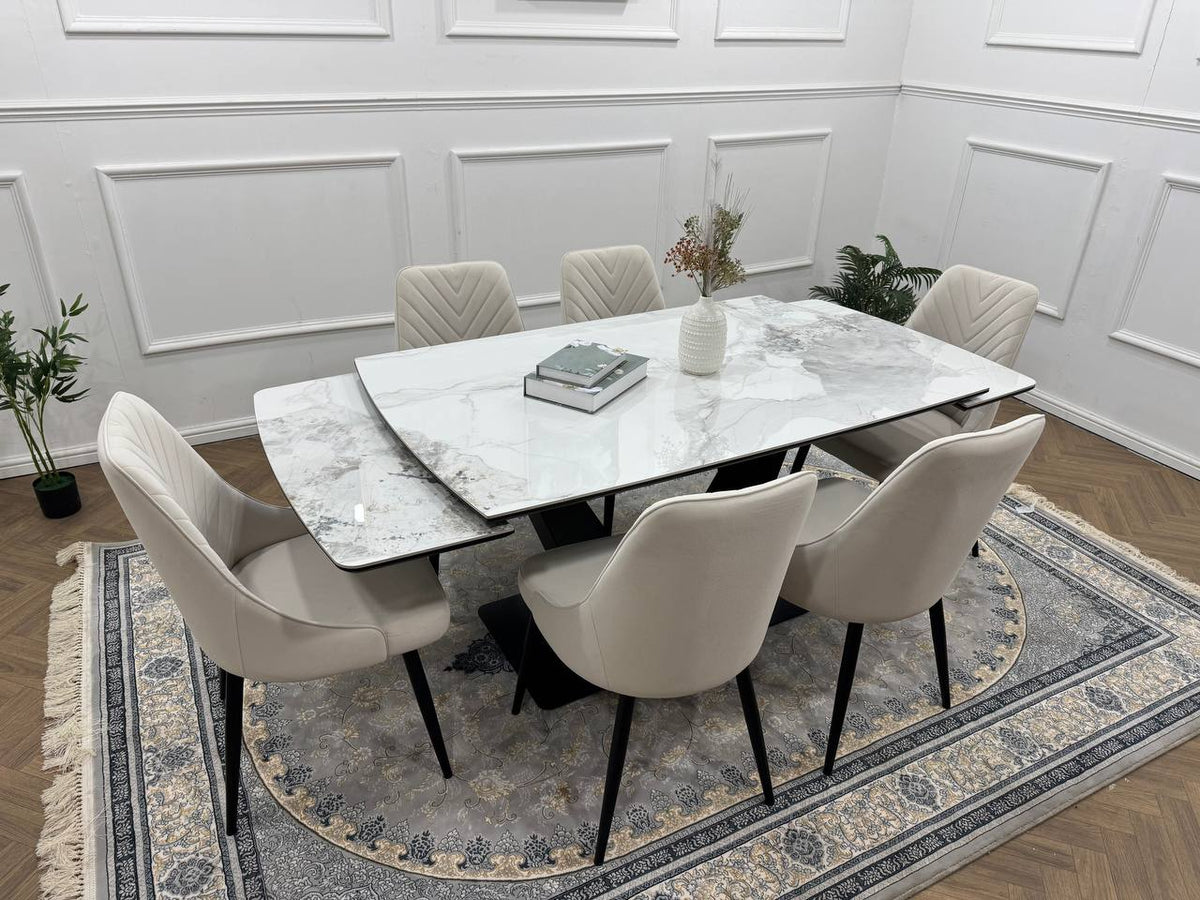 Bellaro Luxury Extendable Marble-Effect Dining Set – 6 or 8 Grey Chairs