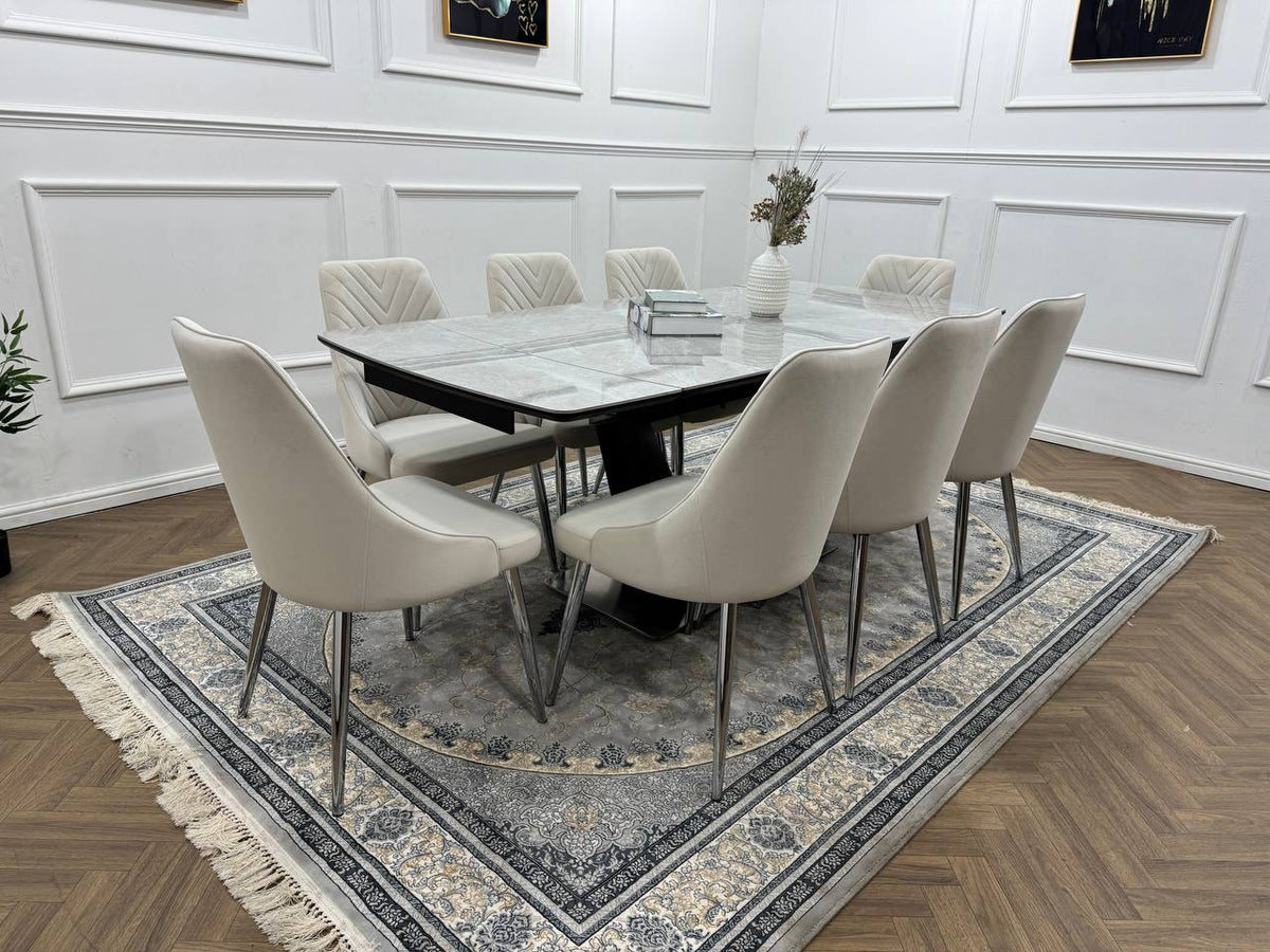 Roma Luxury Extendable Grey Marble-Effect Dining Table Set with 6 or 8 Grey Chairs