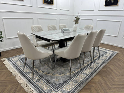 Roma Luxury Extendable Grey Marble-Effect Dining Table Set with 6 or 8 Grey Chairs
