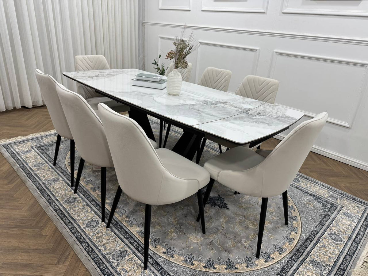 Bellaro Luxury Extendable Marble-Effect Dining Set – 6 or 8 Grey Chairs
