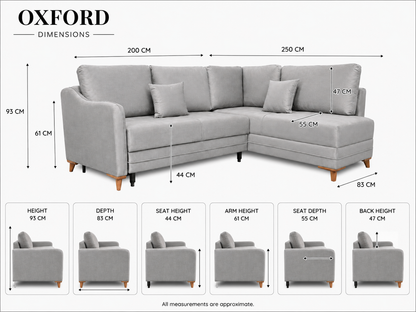 Q&amp;P Furniture Oxford corner sofa bed with built-in storage, featuring plush cushions and a modern design for versatile living room seating