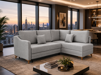 Q&amp;P Furniture Oxford corner sofa bed with storage, showcasing plush fabric upholstery and built-in storage compartments in a modern living room scene.