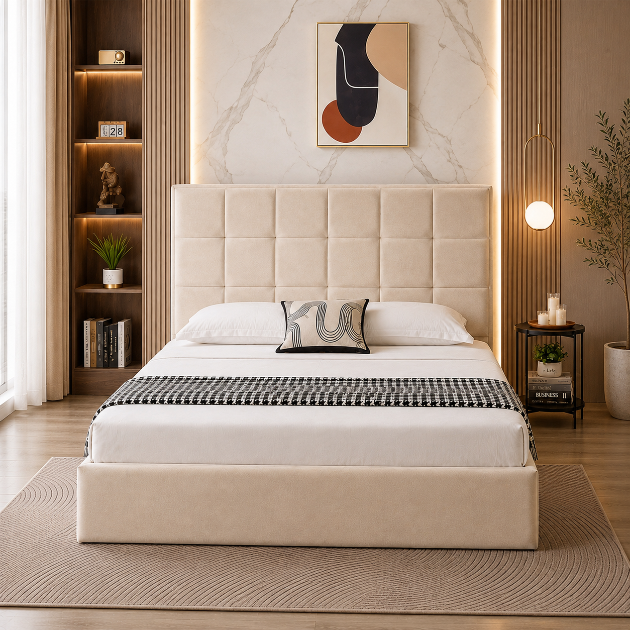 Velora Panel Upholstered Storage Bed – Modern Grey &amp; Beige Bed with Hydraulic Lift