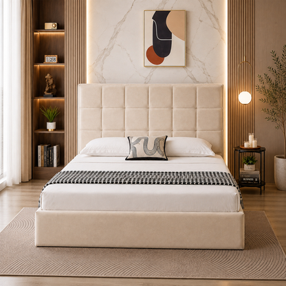 Velora Panel Upholstered Storage Bed – Modern Grey &amp; Beige Bed with Hydraulic Lift