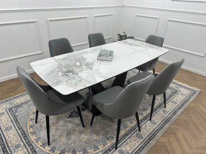 Bellaro Luxury Extendable Marble-Effect Dining Set – 6 or 8 Grey Chairs