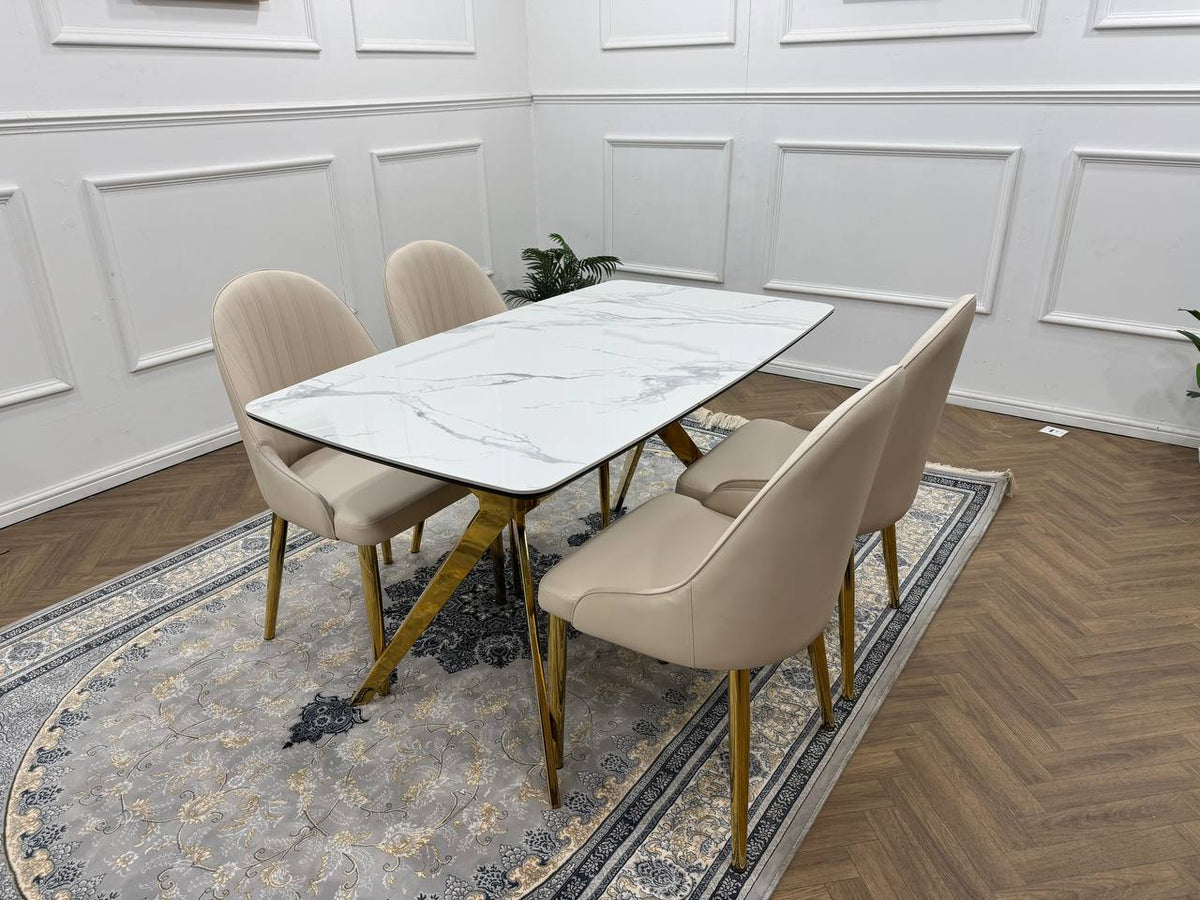 LUXORA Luxury Marble-Effect Dining Table Set  – Gold Legs