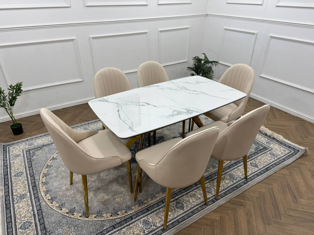 LUXORA Luxury Marble-Effect Dining Table Set  – Gold Legs