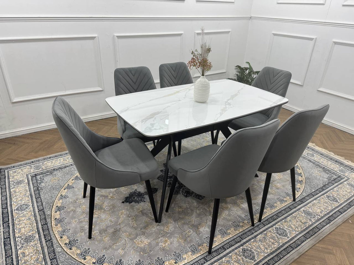 Rovella Luxury Marble-Effect Dining Set – 4 or 6 Grey Chairs