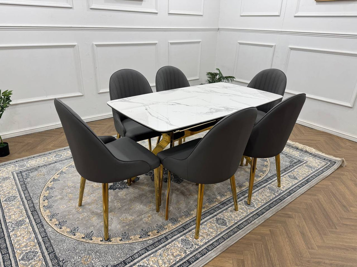 LUXORA Luxury Marble-Effect Dining Table Set  – Gold Legs
