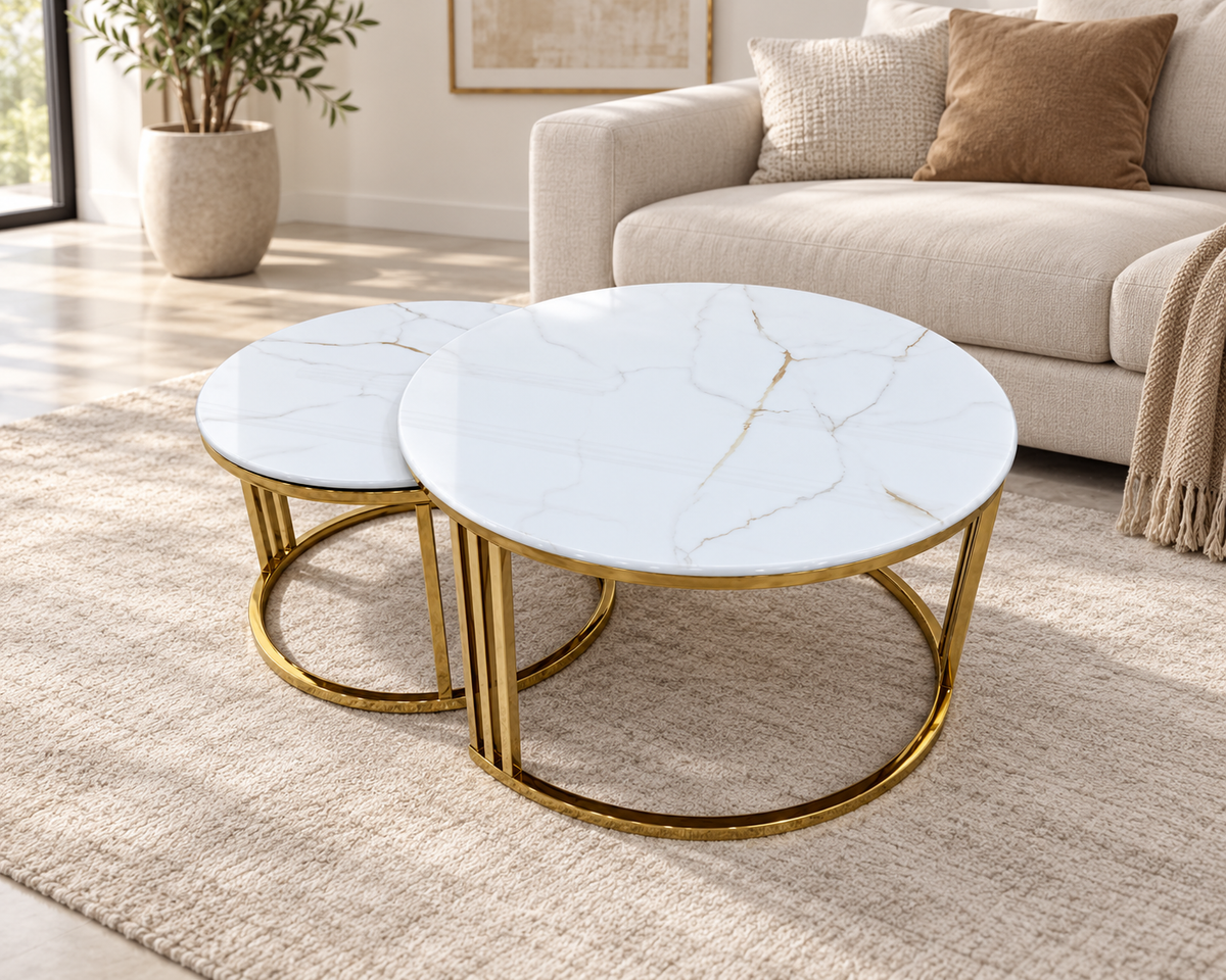 Gray Celine Sintered Stone Nesting Coffee Tables – White &amp; Gold