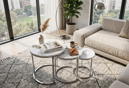 Monaco 3-Piece Nesting Coffee Table Set – Marble Effect &amp; Silver
