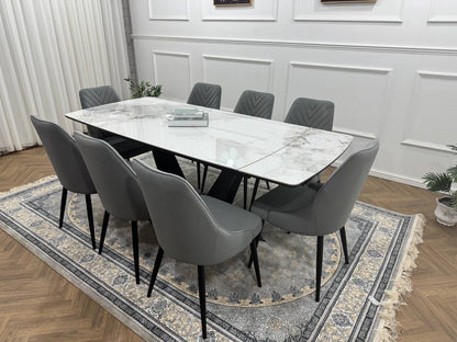 Bellaro Luxury Extendable Marble-Effect Dining Set – 6 or 8 Grey Chairs