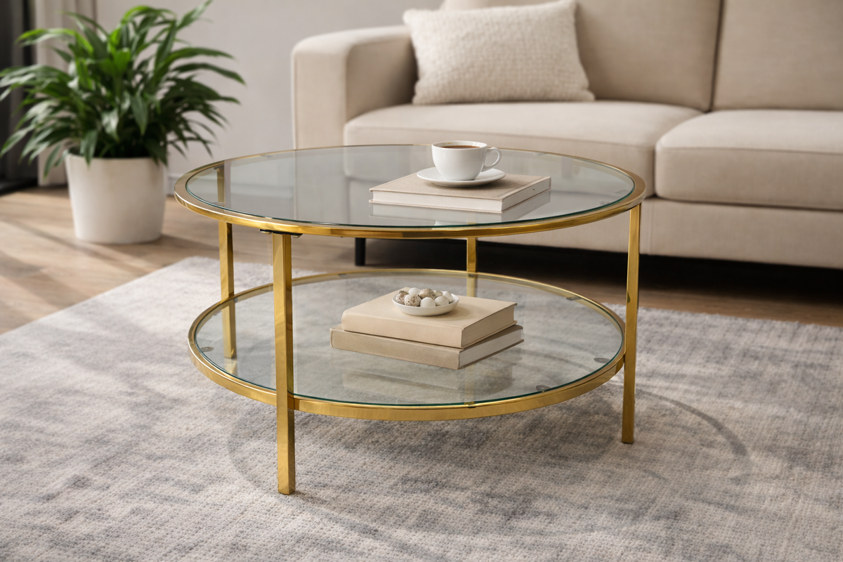Clio Round Gold &amp; Glass Coffee Table with Lower Shelf