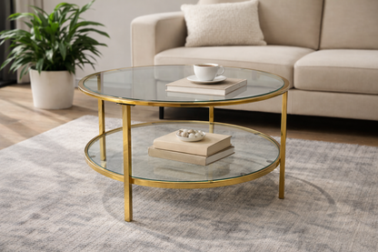 Clio Round Gold &amp; Glass Coffee Table with Lower Shelf