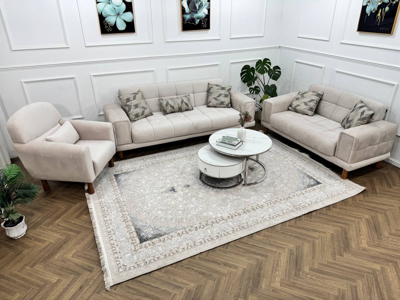 Q&amp;P Furniture Flora velvet sofa set with plush cushions and modern design, shown in a cozy living room setting.