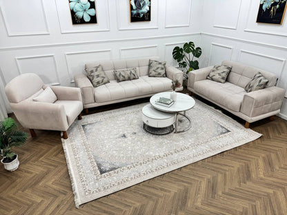 Q&amp;P Furniture Flora velvet sofa set with plush cushions and modern design, shown in a cozy living room setting.