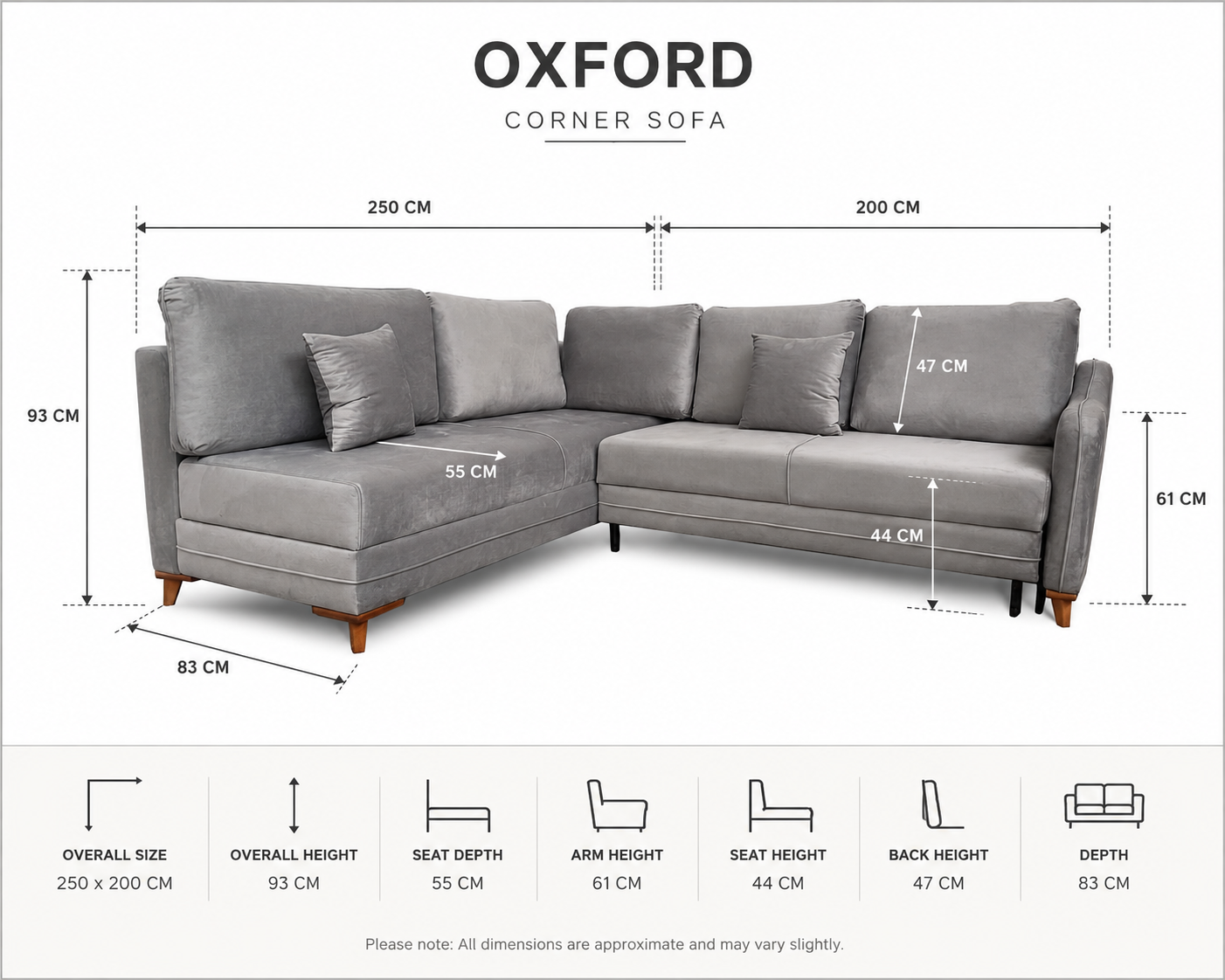 Q&amp;P Furniture Oxford corner sofa bed with storage, gray fabric, showing the sofa in a living room setting with cushions and open storage compartments.