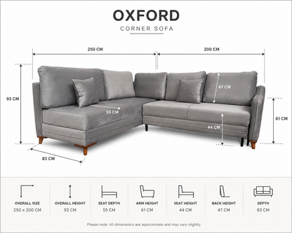 Q&amp;P Furniture Oxford corner sofa bed with storage, gray fabric, showing the sofa in a living room setting with cushions and open storage compartments.