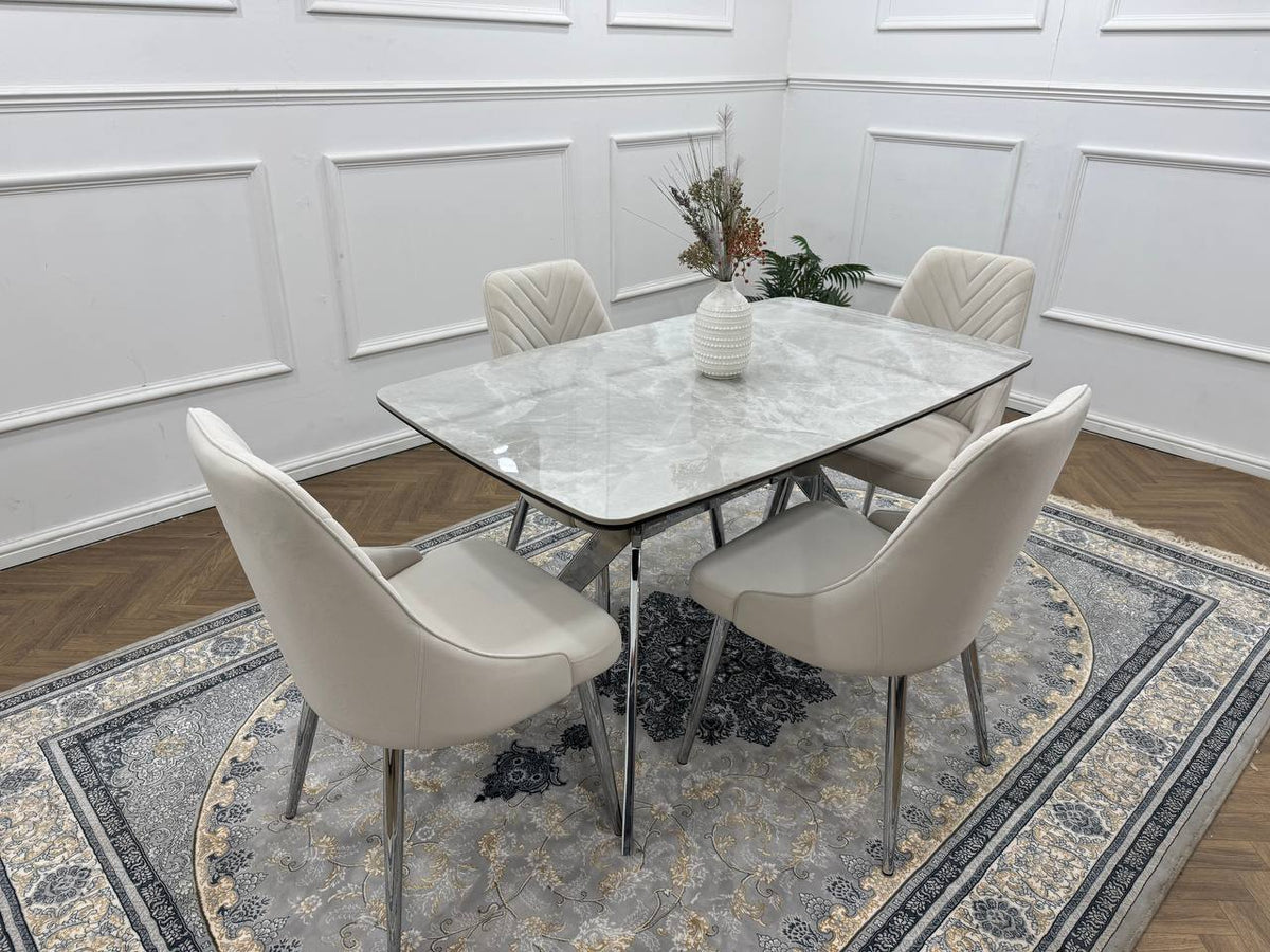 Savello Luxury Grey Marble-Effect Dining Set – 4 or 6 Beige or Grey Chairs