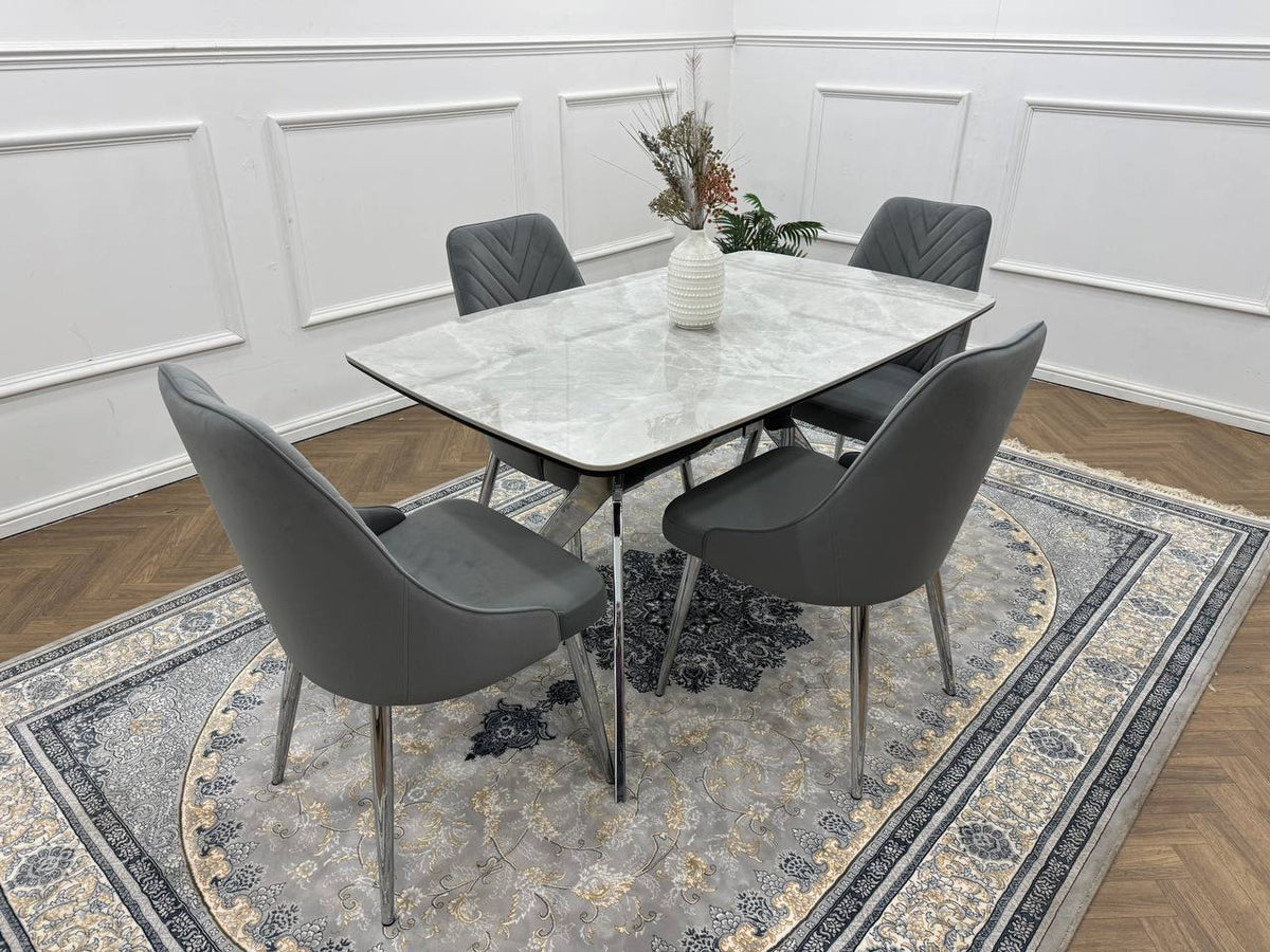 Savello Luxury Grey Marble-Effect Dining Set – 4 or 6 Beige or Grey Chairs