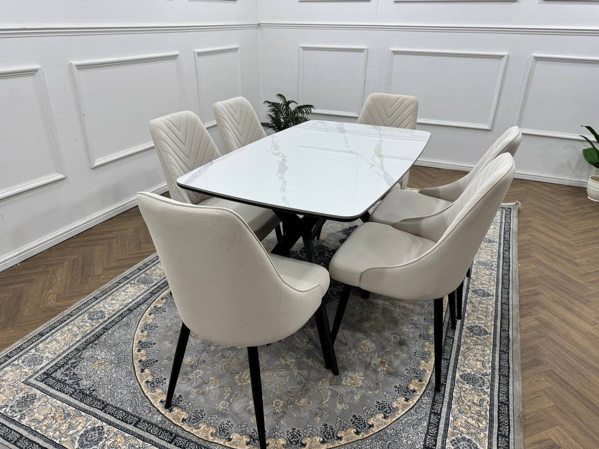 Rovella Luxury Marble-Effect Dining Set – 4 or 6 Grey Chairs