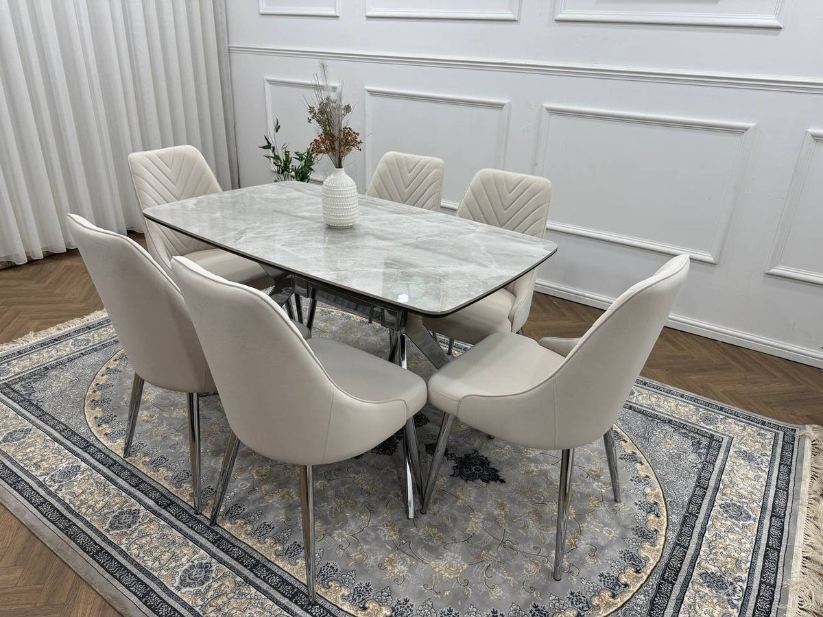 Savello Luxury Grey Marble-Effect Dining Set – 4 or 6 Beige or Grey Chairs