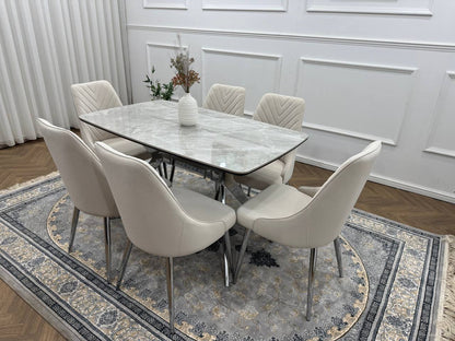 Savello Luxury Grey Marble-Effect Dining Set – 4 or 6 Beige or Grey Chairs