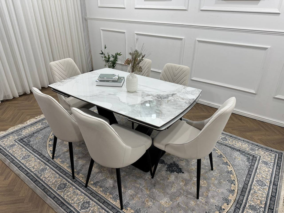 Bellaro Luxury Extendable Marble-Effect Dining Set – 6 or 8 Grey Chairs