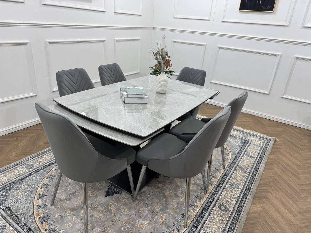 Roma Luxury Extendable Grey Marble-Effect Dining Table Set with 6 or 8 Grey Chairs