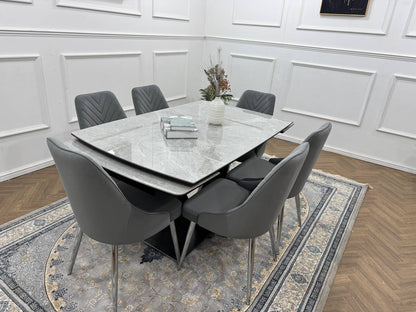 Roma Luxury Extendable Grey Marble-Effect Dining Table Set with 6 or 8 Grey Chairs