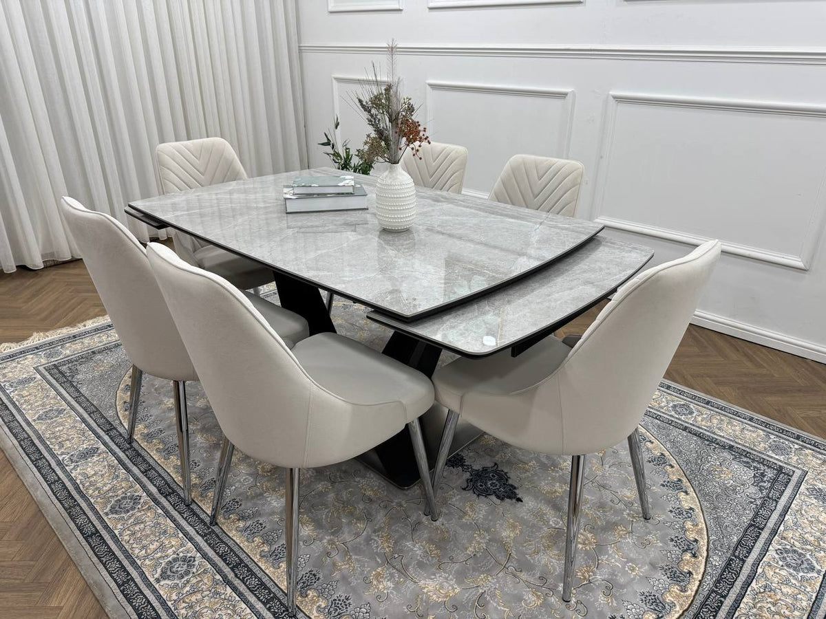 Roma Luxury Extendable Grey Marble-Effect Dining Table Set with 6 or 8 Grey Chairs