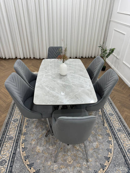 Savello Luxury Grey Marble-Effect Dining Set – 4 or 6 Beige or Grey Chairs