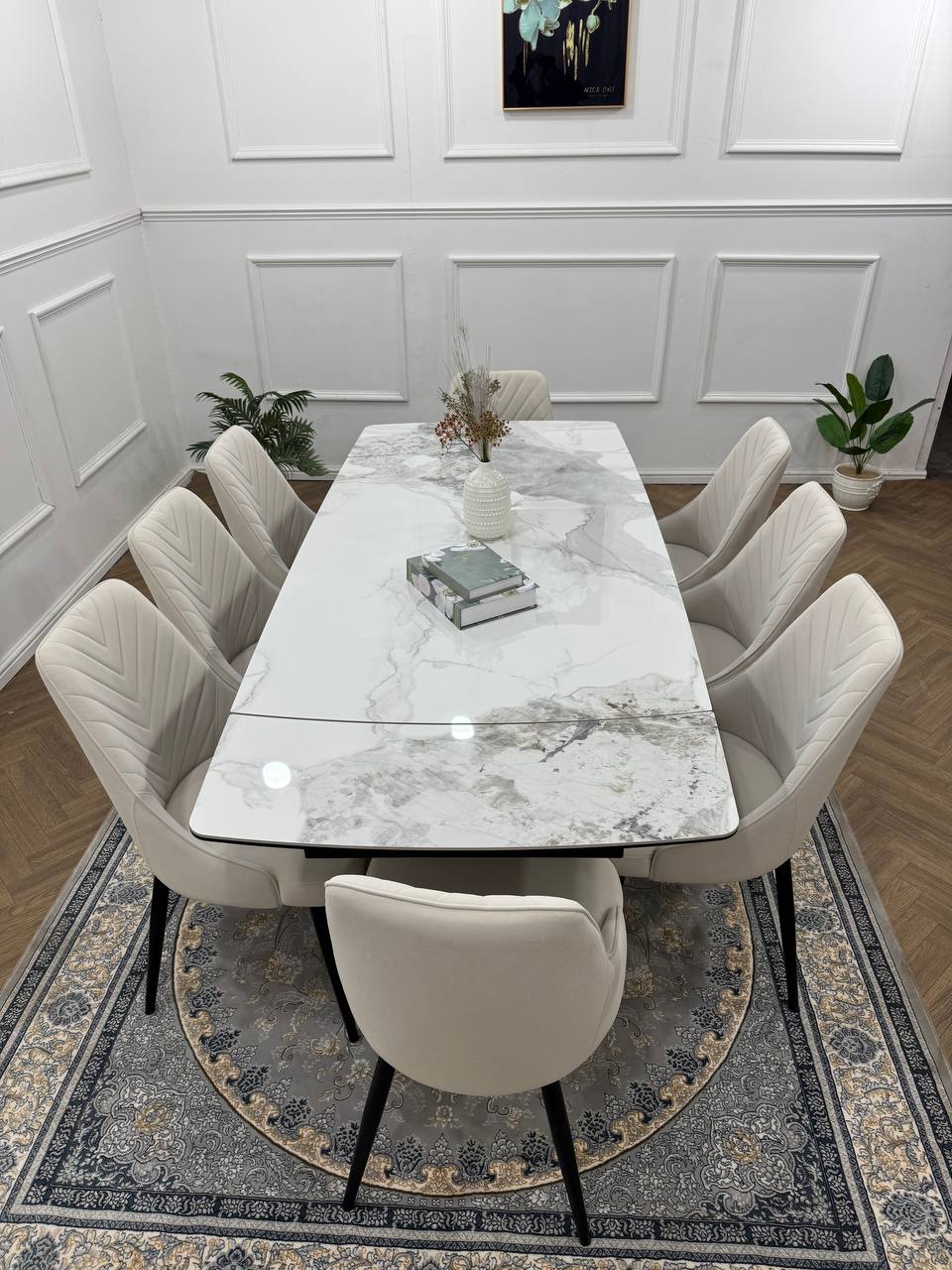 Bellaro Luxury Extendable Marble-Effect Dining Set – 6 or 8 Grey Chairs