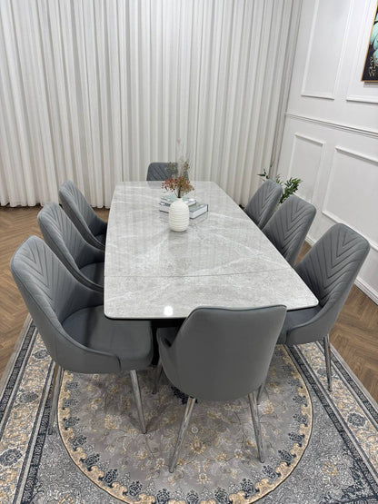 Roma Luxury Extendable Grey Marble-Effect Dining Table Set with 6 or 8 Grey Chairs