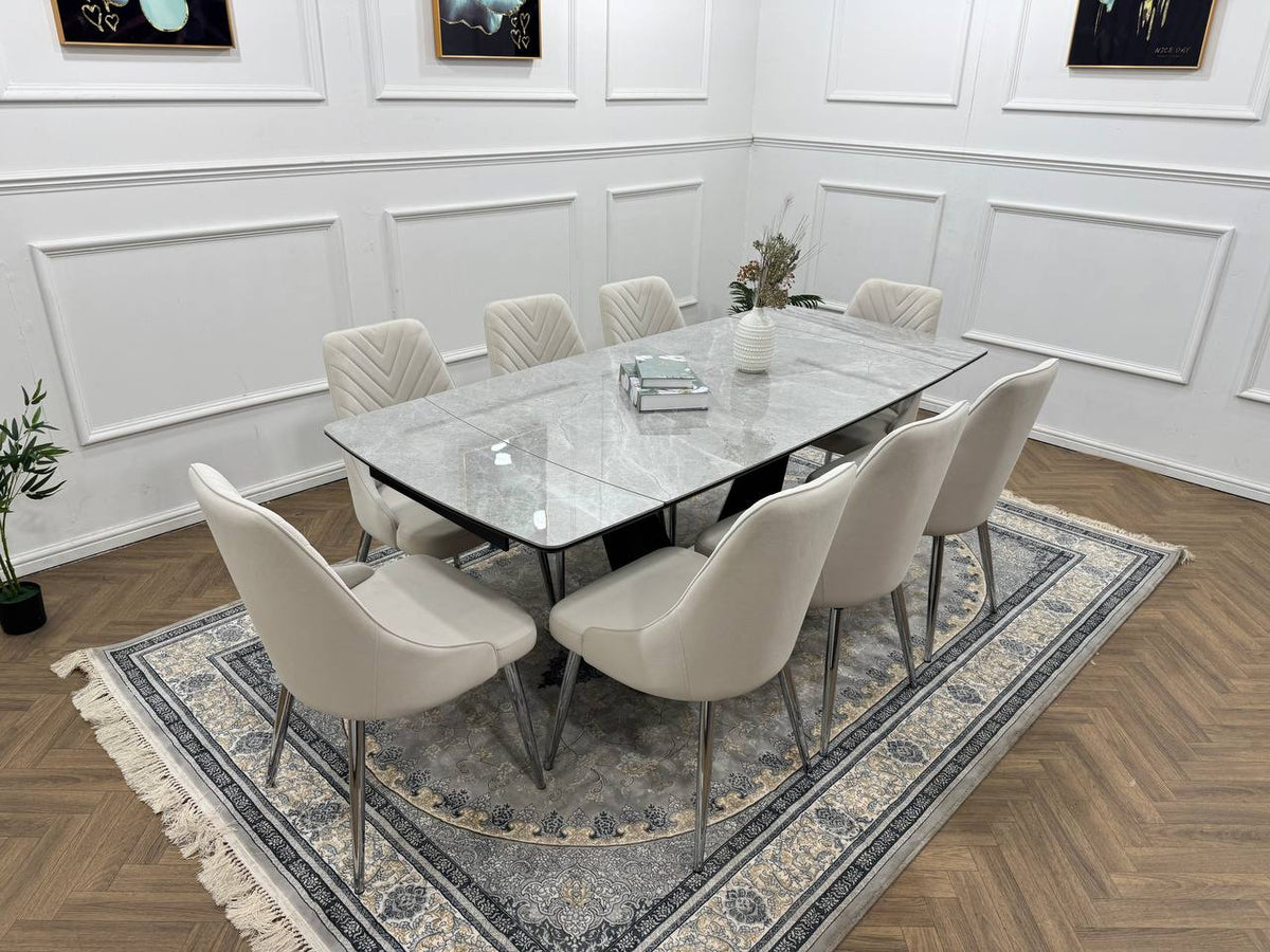 Roma Luxury Extendable Grey Marble-Effect Dining Table Set with 6 or 8 Grey Chairs