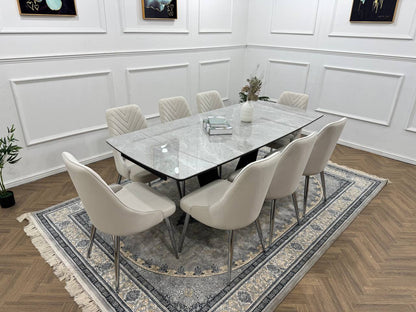 Roma Luxury Extendable Grey Marble-Effect Dining Table Set with 6 or 8 Grey Chairs