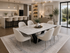 Q&P Furniture Clara dining table set in silver with a sleek, modern design, featuring a sturdy table and matching chairs.