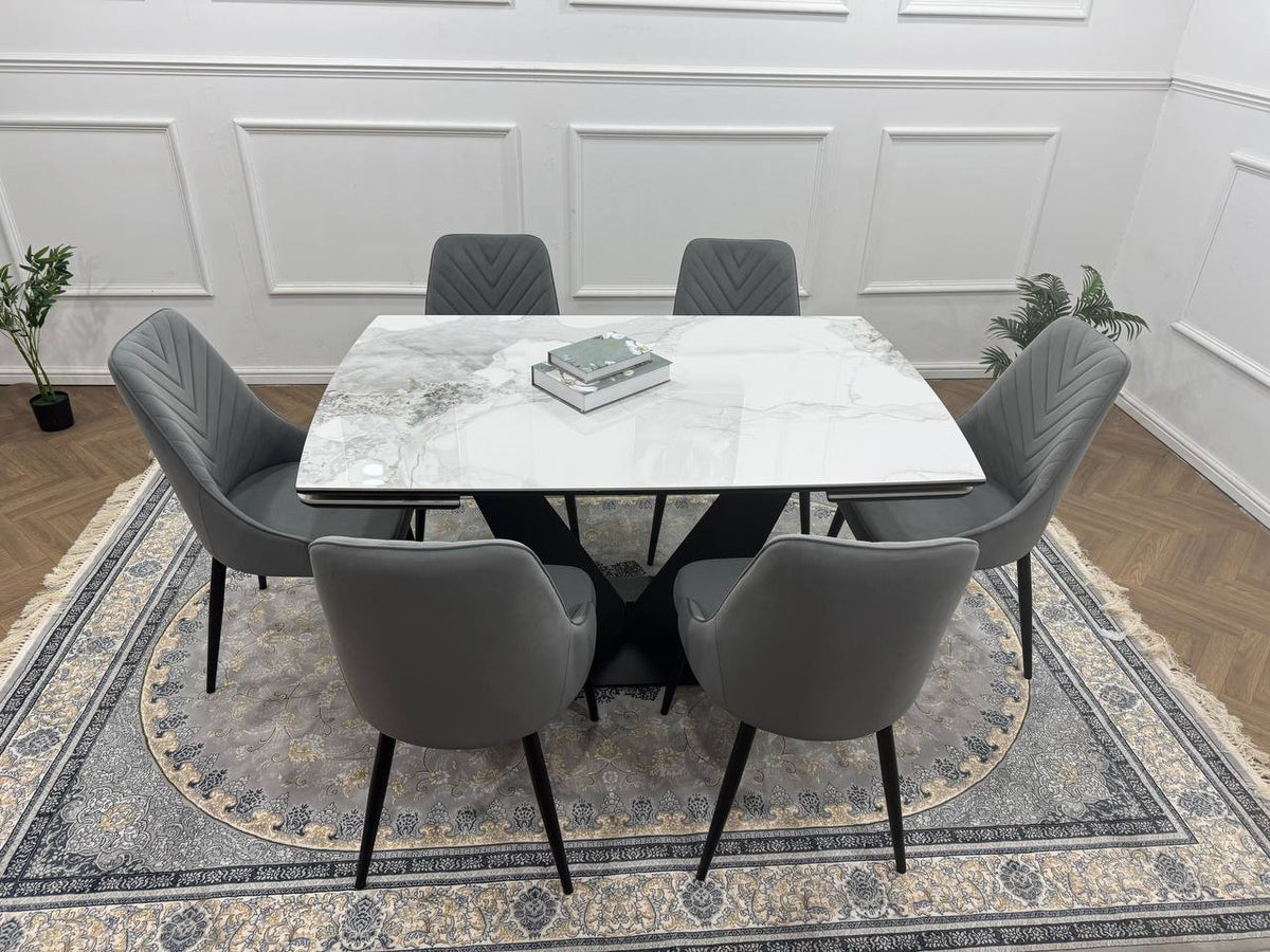 Bellaro Luxury Extendable Marble-Effect Dining Set – 6 or 8 Grey Chairs