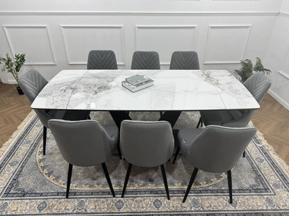 Bellaro Luxury Extendable Marble-Effect Dining Set – 6 or 8 Grey Chairs