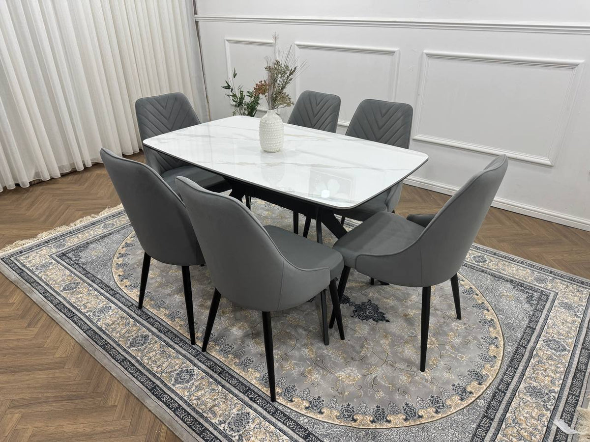 Rovella Luxury Marble-Effect Dining Set – 4 or 6 Grey Chairs