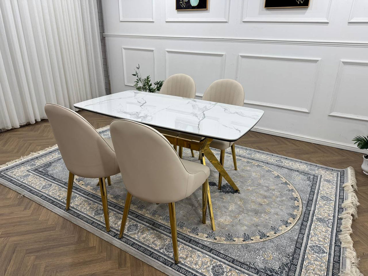 LUXORA Luxury Marble-Effect Dining Table Set  – Gold Legs