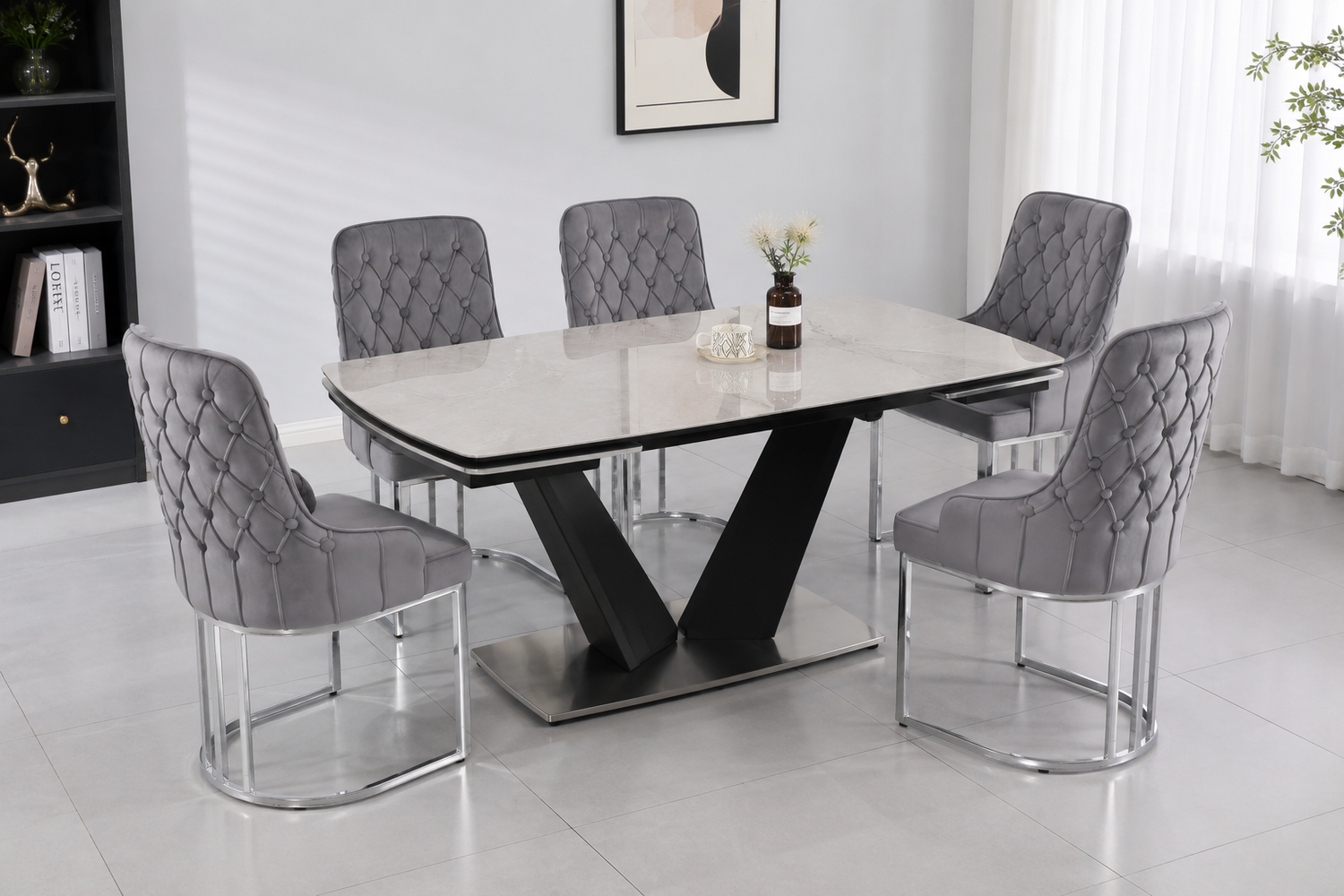 Q&amp;P Furniture Lumia extendable dining table set with sleek wooden surface and sturdy legs, perfect for family dinners.