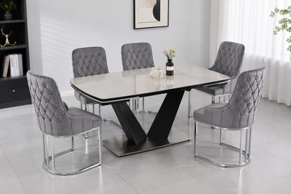 Q&amp;P Furniture Lumia extendable dining table set with sleek wooden surface and sturdy legs, perfect for family dinners.