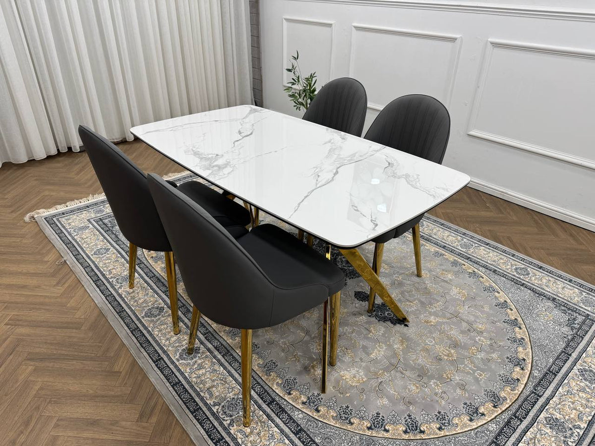 LUXORA Luxury Marble-Effect Dining Table Set  – Gold Legs
