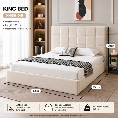 White Smoke Velora Panel Upholstered Storage Bed – Modern Grey &amp; Beige Bed with Hydraulic Lift