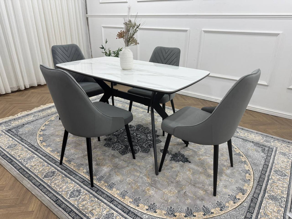 Rovella Luxury Marble-Effect Dining Set – 4 or 6 Grey Chairs