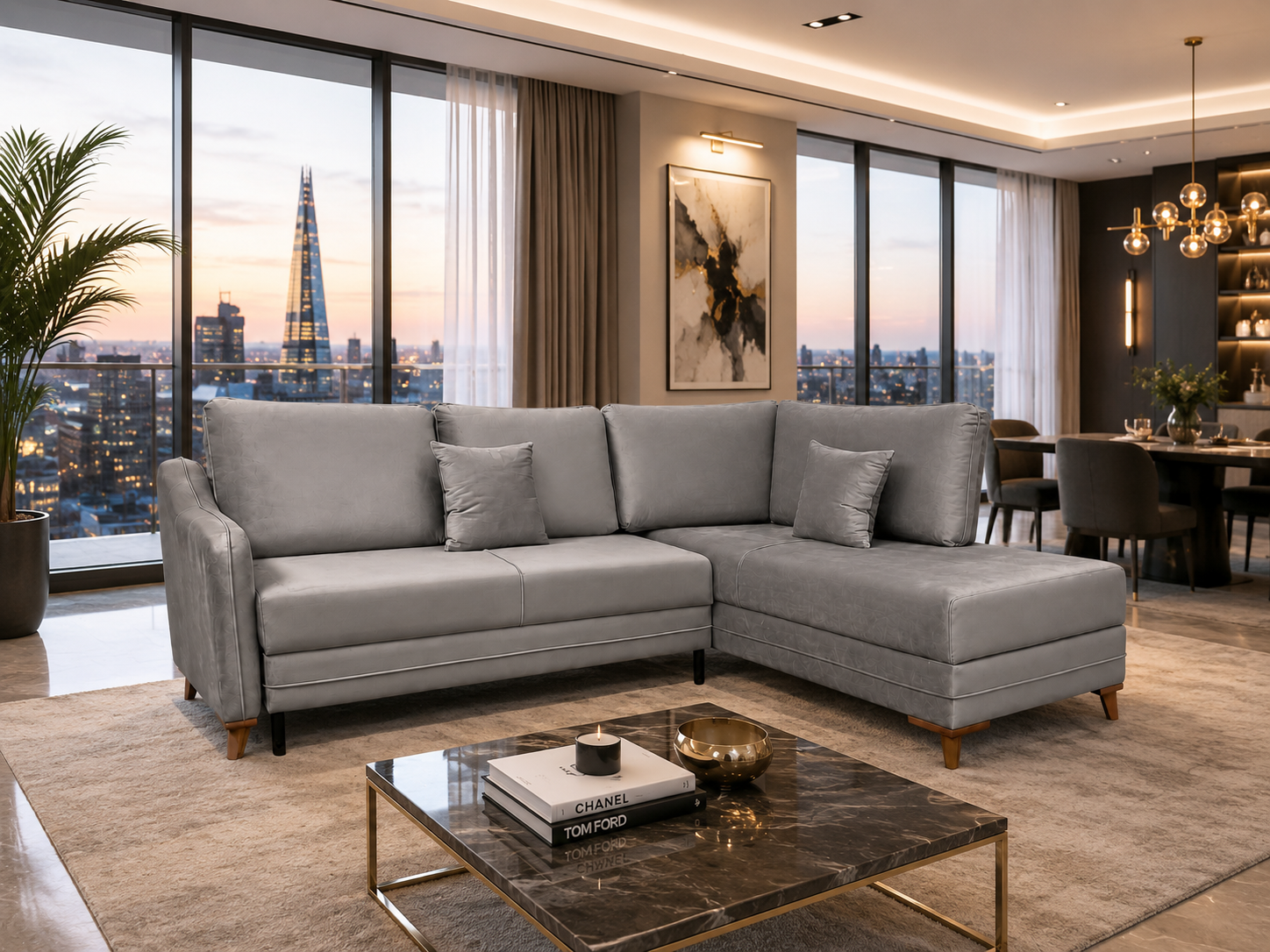 Q&amp;P Furniture Oxford corner sofa bed with storage, beige fabric, featuring plush cushions and a sleek modern design.